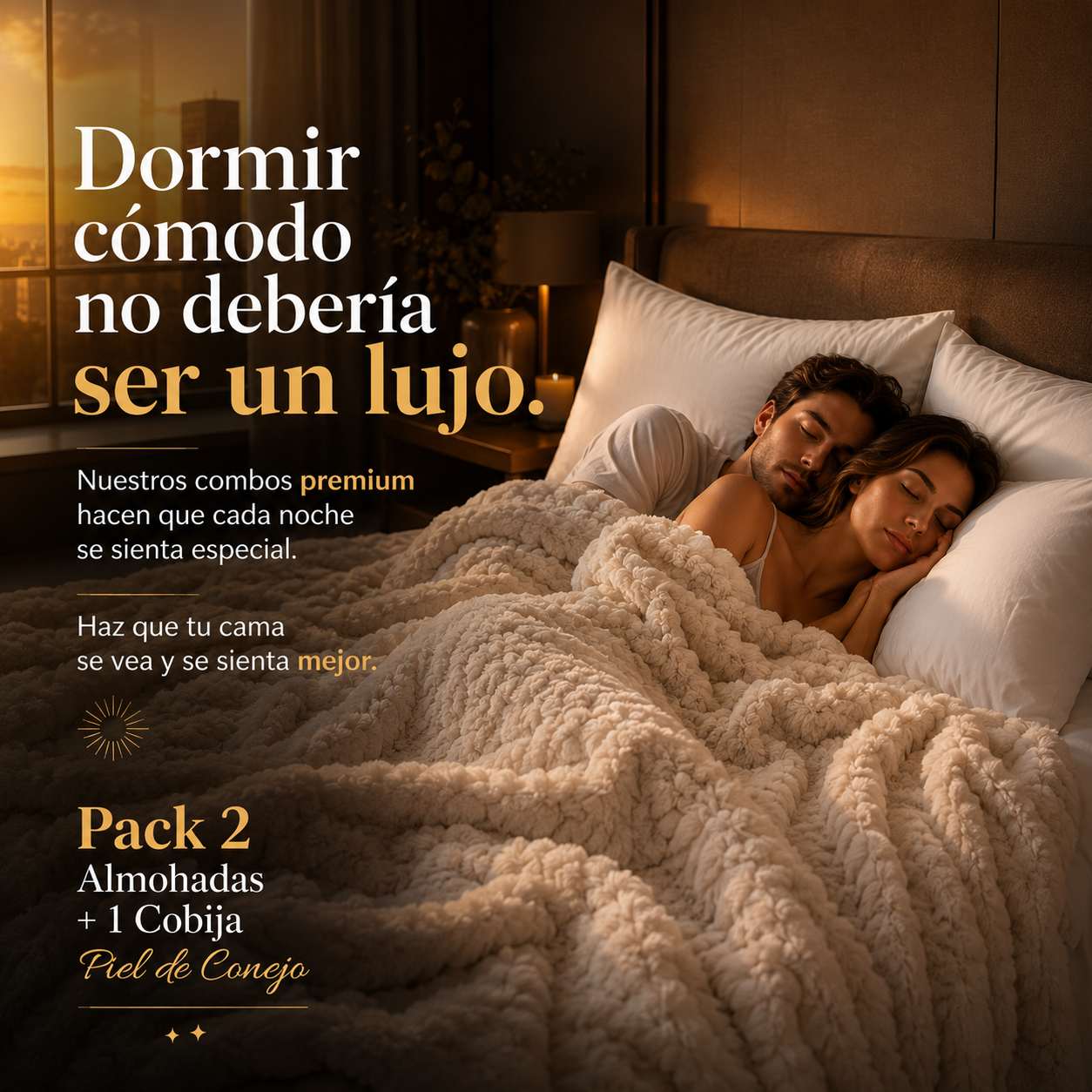 Convierte tu cama en una experiencia de hotel premium-Pack 2 Almohadas + 1 Cobija Piel de Conejo