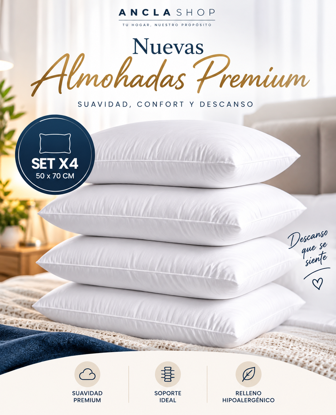 SET X4 Almohadas Premium – ACOLCHADAS Medidas: 50x70cm
